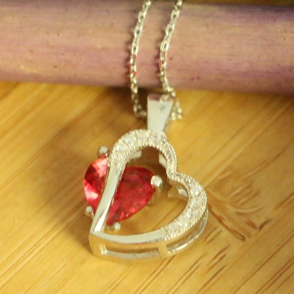 925 Sterling Silver 2Hearts red cubic zirconia - Picture 5 of 7